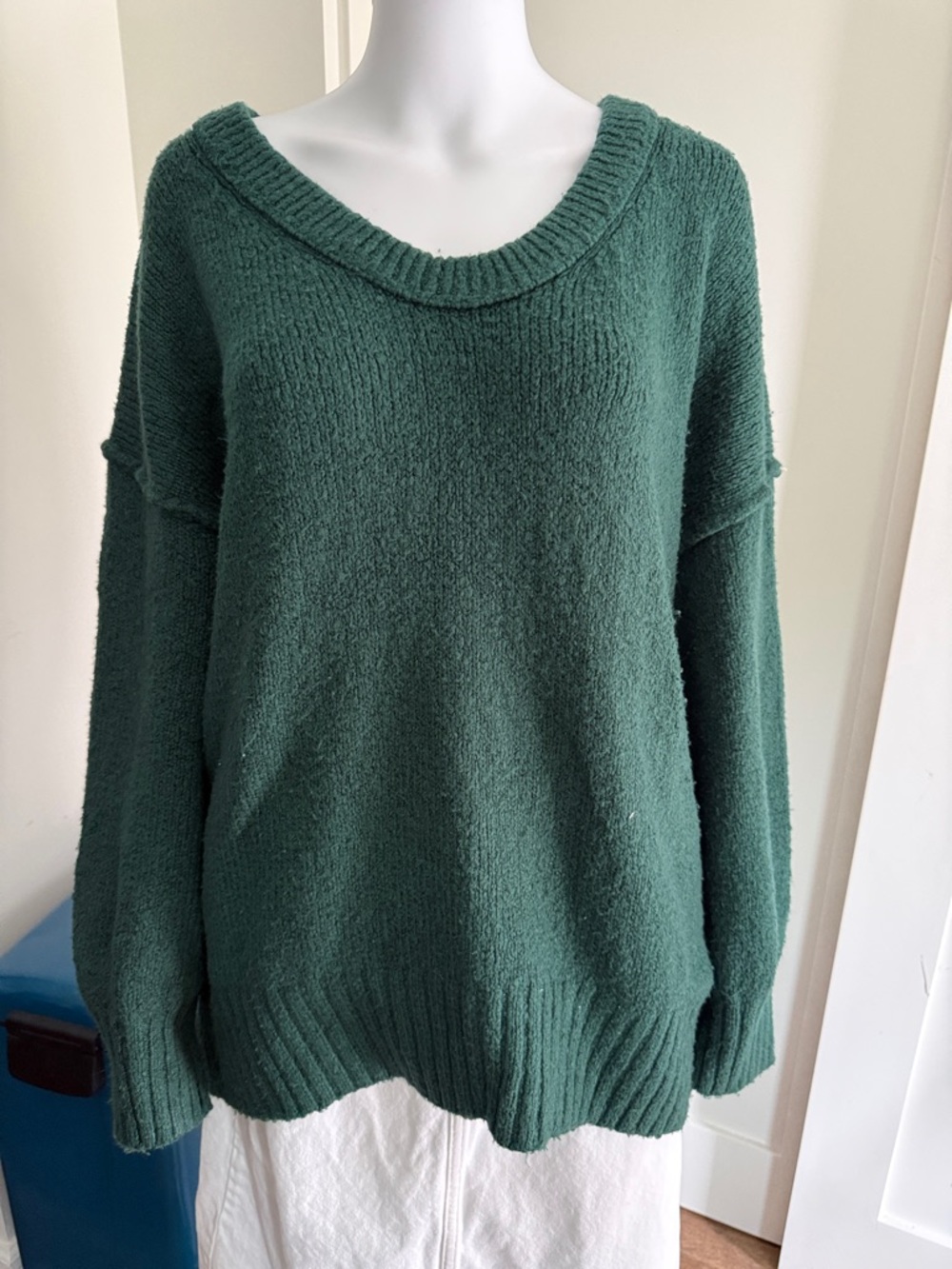 Free People Deep Green V-Neck Cozy Knit Sweater
